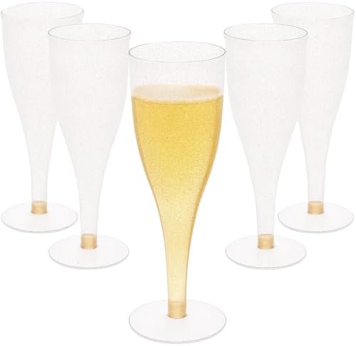 30 Disposable Champagne Flutes - Gold Glitter Plastic for Parties