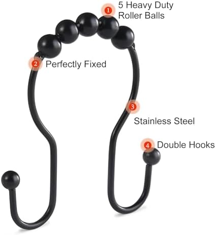 Goowin 12Pcs Stainless Steel Black Shower Curtain Rings with Double Hooks