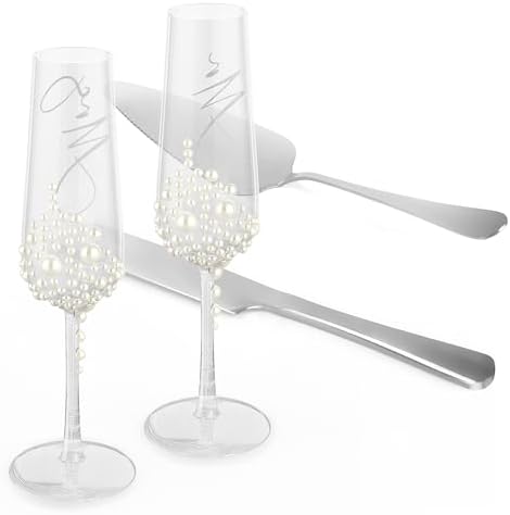Mr And Mrs Champagne Flutes With Pearls Wedding Set