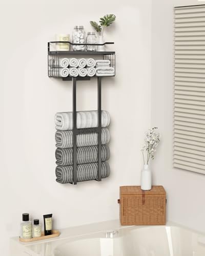 Sturdy Metal Towel Rack with Wood Shelf - All Black