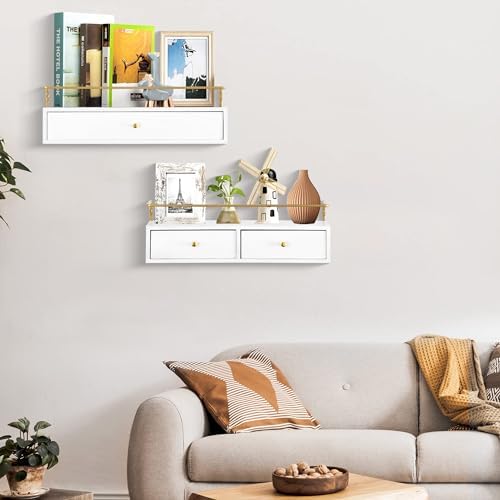 Rustic Floating Shelves with Drawer Set of 2