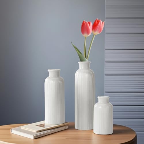 White Ceramic Vase Set of 3 Boho Modern
