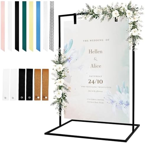Elegant Adjustable Wedding Welcome Sign Stand with Satin Ribbon and Leather Strap