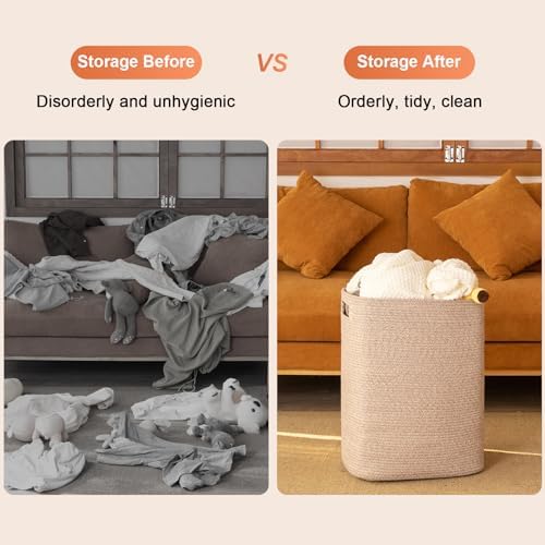 OIAHOMY Laundry Hamper Brown Variegated Rectangle Cotton Basket with Handles - 16x13x22in