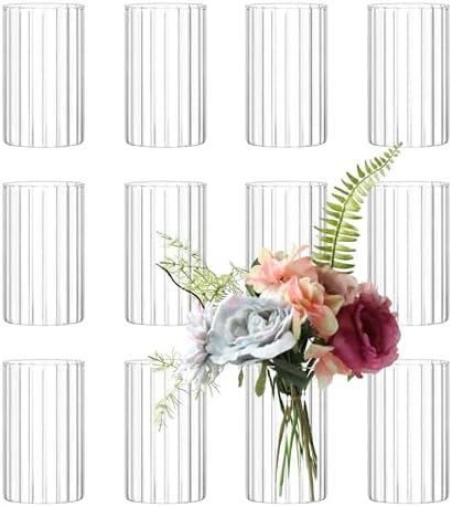 12Pcs Clear Ribbed Glass Cylinder Vases for Centerpieces
