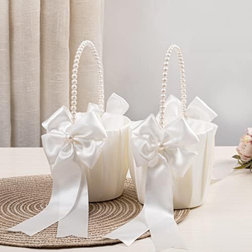 Ivory Flower Girl Baskets With Pearl Handles Set of 2