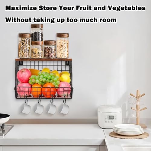 Livabber Metal Fruit Basket with Wood Shelf and 4 S-Hooks