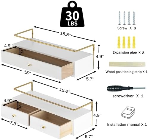 Rustic Floating Shelves with Drawer Set of 2