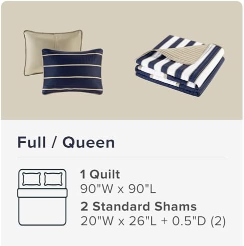 Comfort Spaces Quilt Set Verone White Blue Stripe 3 Piece
