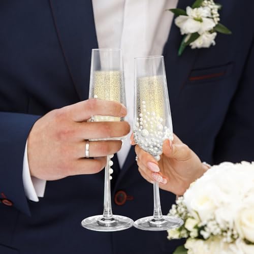 Mr And Mrs Champagne Flutes With Pearls Wedding Set