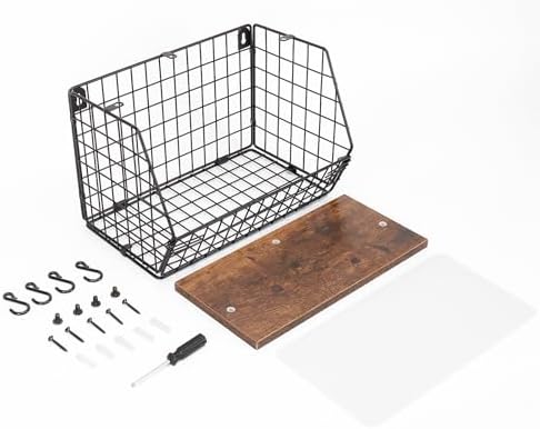 Livabber Metal Fruit Basket with Wood Shelf and 4 S-Hooks