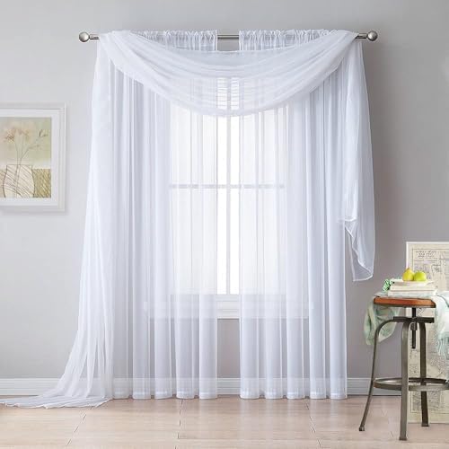 RYB HOME White Sheer Curtains 2 Panels for Canopy Bed