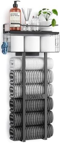 Sturdy Metal Towel Rack with Wood Shelf - All Black