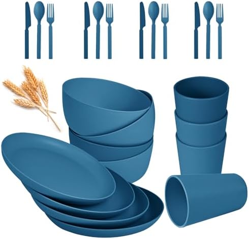 24pcs Wheat Straw Dinnerware Set for 4 Blue