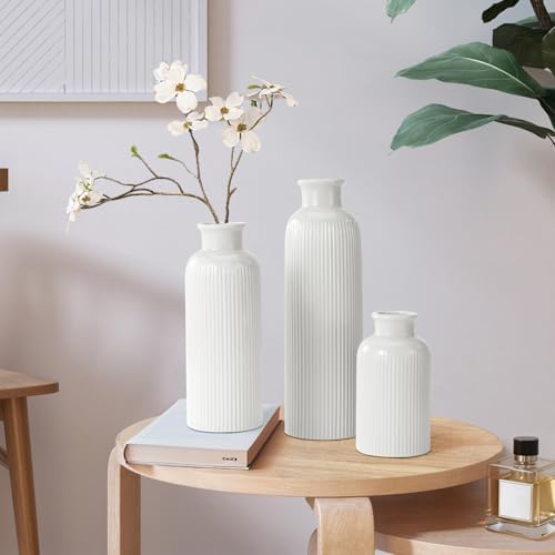 White Ceramic Vase Set of 3 Boho Modern