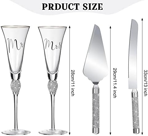 4 Piece Wedding Cake Knife and Champagne Flutes Server Set Silver