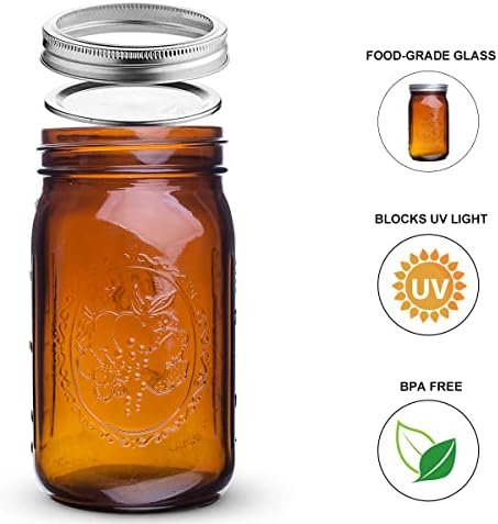 Eleganttime Amber Glass Mason Jars 32 Oz 6 Pack