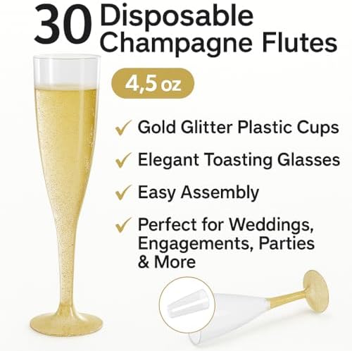 30 Disposable Champagne Flutes - Gold Glitter Plastic for Parties