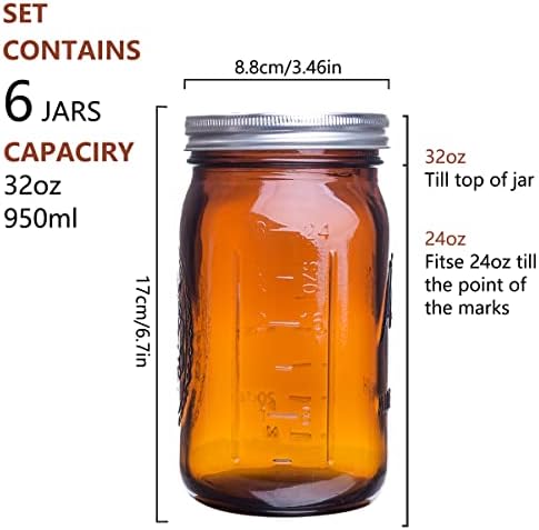 Eleganttime Amber Glass Mason Jars 32 Oz 6 Pack