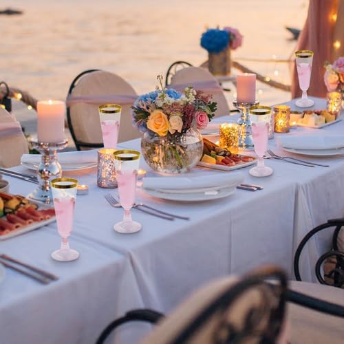 Dandat 100 Pcs Pink Plastic Champagne Flutes with Gold Rim