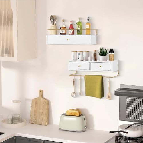 Rustic Floating Shelves with Drawer Set of 2