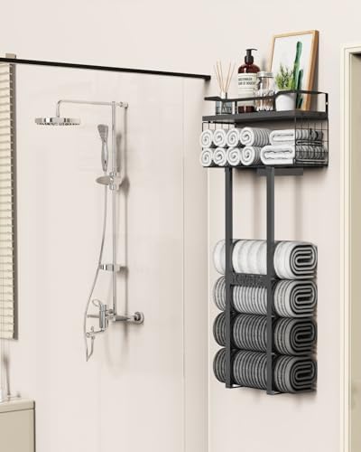 Sturdy Metal Towel Rack with Wood Shelf - All Black