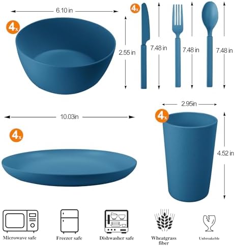 24pcs Wheat Straw Dinnerware Set for 4 Blue