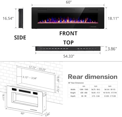 RWFLAME 60 Inch Electric Fireplace with Remote Control and Touch Screen