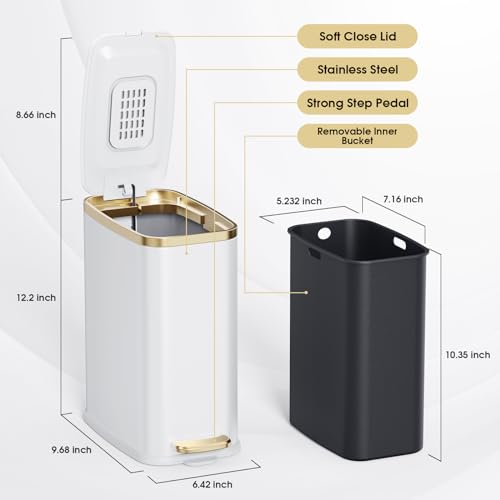 CEROELDA 5L Slim Metal Trash Can with Soft Close Lid - White