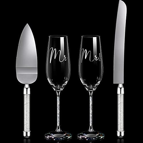4 Piece Wedding Cake Knife and Champagne Flutes Server Set
