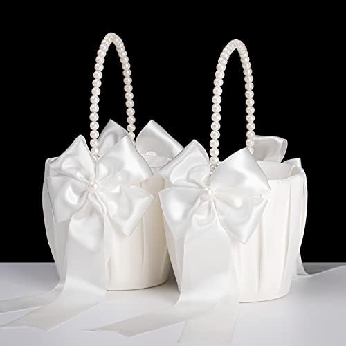 Ivory Flower Girl Baskets With Pearl Handles Set of 2