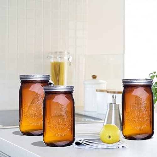 Eleganttime Amber Glass Mason Jars 32 Oz 6 Pack