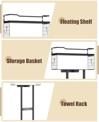 Sturdy Metal Towel Rack with Wood Shelf - All Black