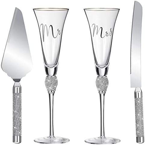 4 Piece Wedding Cake Knife and Champagne Flutes Server Set Silver