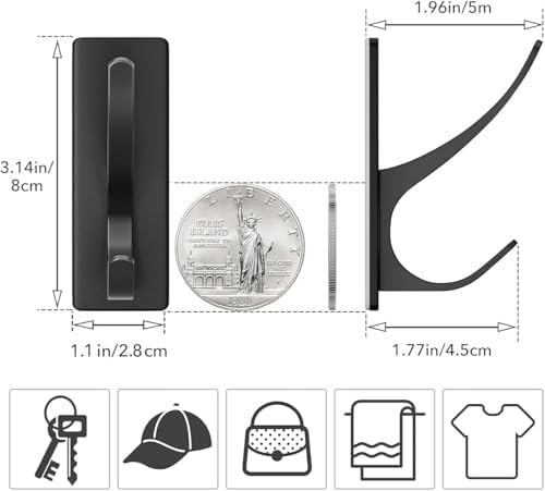 Self Adhesive Coat Hooks Heavy Duty Stainless 4-Pack Matt Black