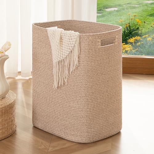 OIAHOMY Laundry Hamper Brown Variegated Rectangle Cotton Basket with Handles - 16x13x22in