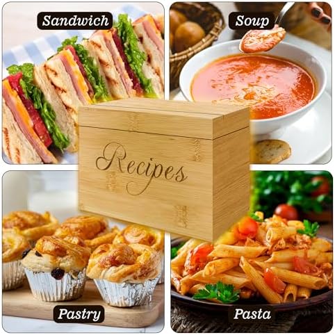 Wooden Recipe Box with 100 Labeled Cards