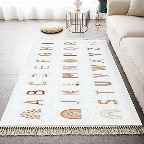 Boho Alphabet Rug with Tassels for Bedroom and Living Room