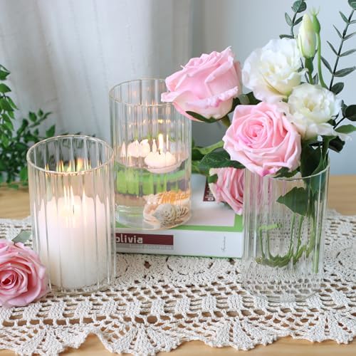 12Pcs Clear Ribbed Glass Cylinder Vases for Centerpieces
