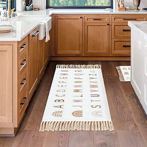 Boho Alphabet Rug with Tassels for Bedroom and Living Room