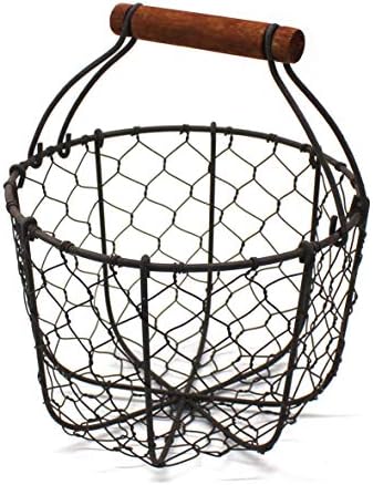 Round Chicken Wire Egg Basket with Wooden Handle