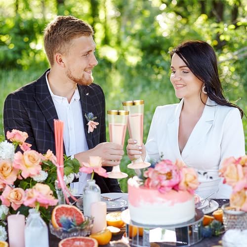 Dandat 100 Pcs Pink Plastic Champagne Flutes with Gold Rim