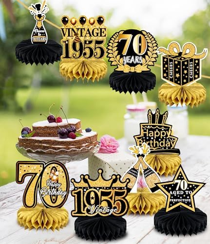 70th Birthday Decorations 9 Pcs Black Gold Honeycomb Centerpieces