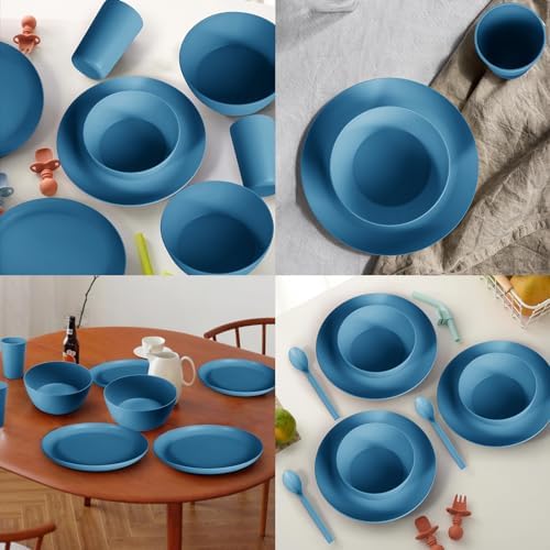 24pcs Wheat Straw Dinnerware Set for 4 Blue