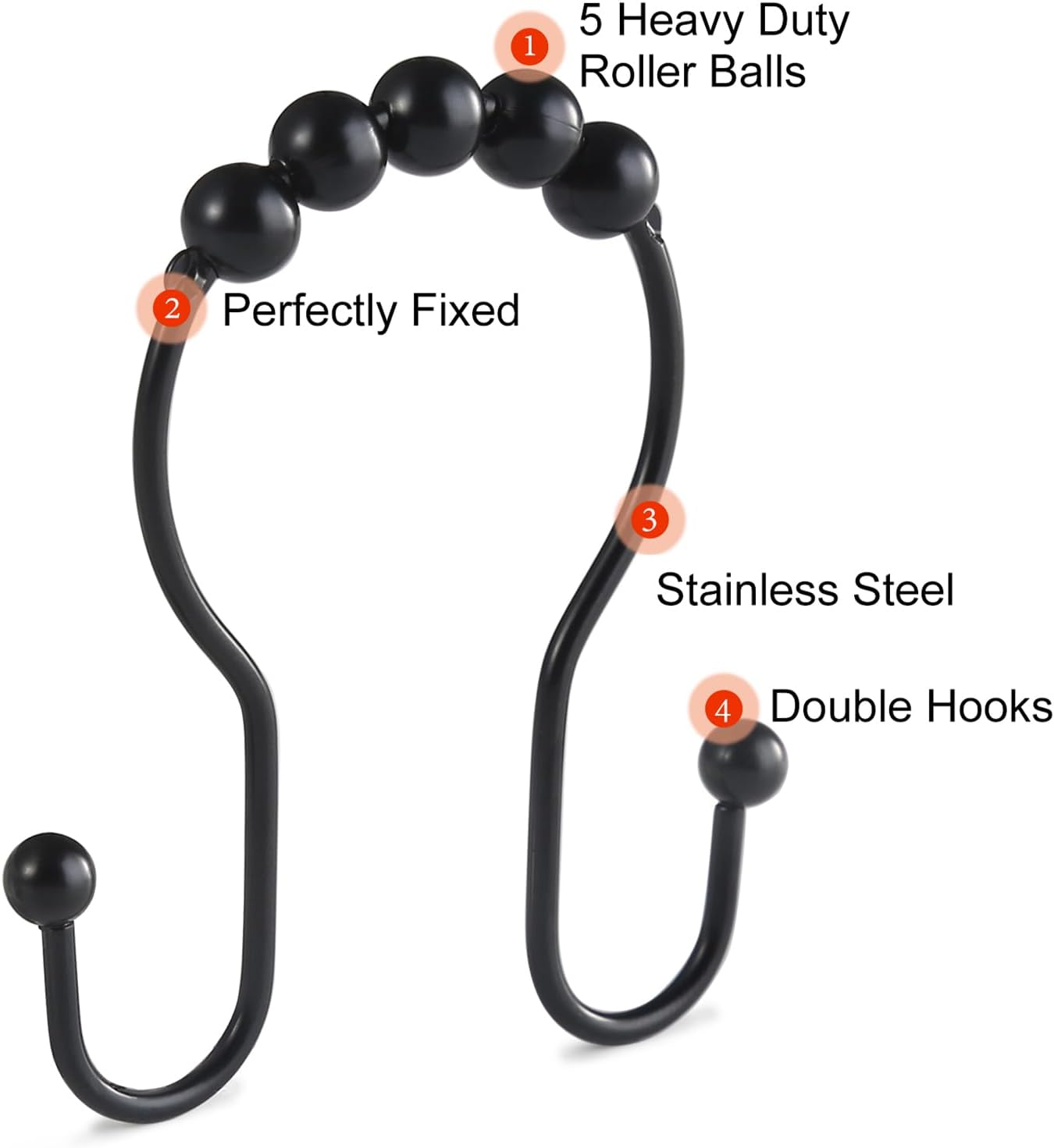 Goowin 12Pcs Stainless Steel Black Shower Curtain Rings with Double Hooks