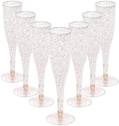30 Disposable Champagne Flutes - Gold Glitter Plastic for Parties