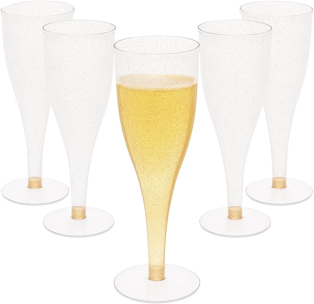 30 Disposable Champagne Flutes - Gold Glitter Plastic for Parties