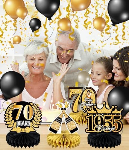 70th Birthday Decorations 9 Pcs Black Gold Honeycomb Centerpieces