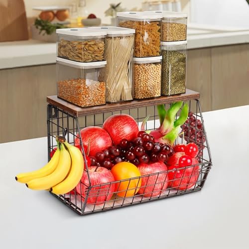 Livabber Metal Fruit Basket with Wood Shelf and 4 S-Hooks