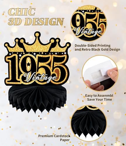 70th Birthday Decorations 9 Pcs Black Gold Honeycomb Centerpieces
